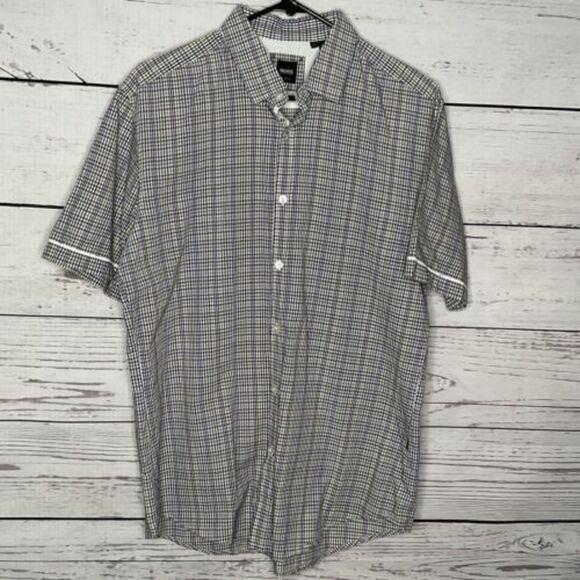 Hugo Boss Mens Shirt Size L Purple/Green Check Button Down Short Sleeve - Picture 3 of 8